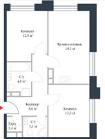 Планировка трехкомнатной(квартира) площадью 63.2 квадратных метров в “ЖК Ривер Парк Коломенский”