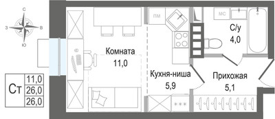 Планировка студии(квартира) площадью 26 квадратных метров в ЖК “ЖК КИНОКВАРТАЛ”
