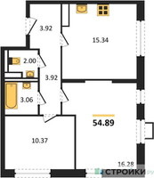 Планировка двухкомнатной(квартира) площадью 54.89 квадратных метров в “ЖК Прибрежный Парк”