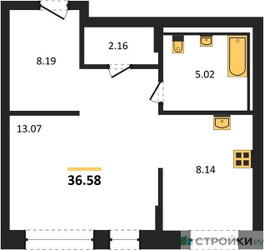 Планировка студии(квартира) площадью 36.58 квадратных метров в ЖК “ЖК Квартал Западный”