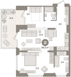 Планировка двухкомнатной(квартира) площадью 84.5 квадратных метров в ЖК “ЖК Первый квартал”