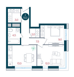 Планировка двухкомнатной(квартира) площадью 51 квадратных метров в ЖК “ЖК РУСИЧ-Кантемировский”