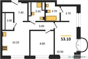 Планировка двухкомнатной(квартира) площадью 53.1 квадратных метров в ЖК “ЖК Новые смыслы”