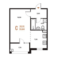 Планировка студии(квартира) площадью 33.8 квадратных метров в “ЖК Новое Летово”