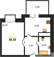 Планировка однокомнатной(квартира) площадью 38.35 квадратных метров в “ЖК ВОСТОК II”