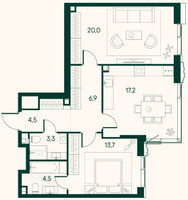 Планировка двухкомнатной(квартира) площадью 70.1 квадратных метров в “ЖК Клубный город на реке Primavera (Примавера)”