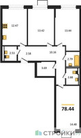 Планировка трехкомнатной(квартира) площадью 78.44 квадратных метров в “ЖК Молжаниново”