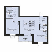 Планировка двухкомнатной(апартаменты) площадью 61.5 квадратных метров в “ЖК Кашинцево”