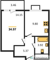 Планировка однокомнатной(квартира) площадью 34.9 квадратных метров в “ЖК Одинград. Квартал Семейный”