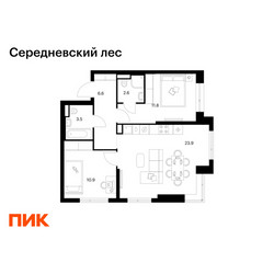Планировка двухкомнатной(квартира) площадью 59.3 квадратных метров в ЖК “ЖК Середневский лес”