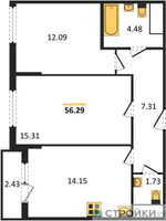Планировка двухкомнатной(квартира) площадью 56.29 квадратных метров в “ЖК Светлый мир БиоПолис”