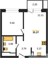 Планировка однокомнатной(квартира) площадью 35.27 квадратных метров в “ЖК Прибрежный Парк”
