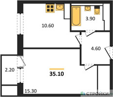 Планировка однокомнатной(квартира) площадью 35.1 квадратных метров в “ЖК Мытищи Парк”
