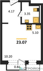 Планировка студии(квартира) площадью 23.07 квадратных метров в ЖК “ЖК Новое Видное”