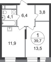 Планировка однокомнатной(квартира) площадью 39.7 квадратных метров в “ЖК Первый Московский”