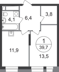 Планировка однокомнатной(квартира) площадью 39.7 квадратных метров в ЖК “ЖК Первый Московский”