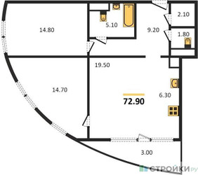 Планировка двухкомнатной(квартира) площадью 72.9 квадратных метров в ЖК “ЖК Russian Design District”