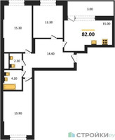 Планировка трехкомнатной(квартира) площадью 82 квадратных метров в “ЖК Рассказово”
