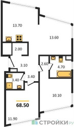 Планировка двухкомнатной(квартира) площадью 68.5 квадратных метров в ЖК “ЖК ROTTERDAM (Роттердам)”