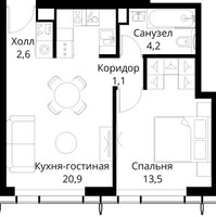 Планировка однокомнатной(квартира) площадью 42.3 квадратных метров в “ЖК Сити Бэй”