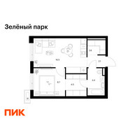 Планировка однокомнатной(квартира) площадью 38.8 квадратных метров в “ЖК Зеленый парк”