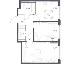 Планировка двухкомнатной(квартира) площадью 52.39 квадратных метров в ЖК “ЖК Космический Квартал”