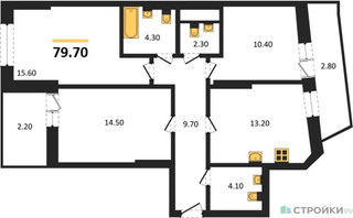 Планировка трехкомнатной(квартира) площадью 79.7 квадратных метров в “ЖК Рассказово”
