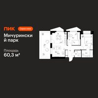 Планировка двухкомнатной(квартира) площадью 60.3 квадратных метров в “ЖК Мичуринский Парк”