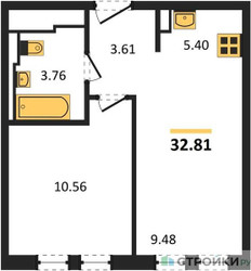 Планировка однокомнатной(квартира) площадью 32.81 квадратных метров в ЖК “ЖК Остафьево”