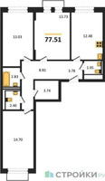 Планировка трехкомнатной(квартира) площадью 77.51 квадратных метров в “ЖК Рублевский Квартал”