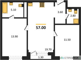 Планировка двухкомнатной(квартира) площадью 57 квадратных метров в “ЖК Новая Щербинка”