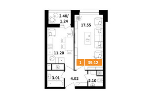 Планировка однокомнатной(квартира) площадью 39.12 квадратных метров в “ЖК Планерный Квартал”