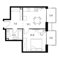 Планировка однокомнатной(апартаменты) площадью 42.1 квадратных метров в “Апарт-комплекс Аквилон Сигнал”