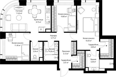 Планировка трехкомнатной(квартира) площадью 91.49 квадратных метров в ЖК “ЖК Веер”