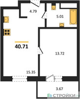 Планировка однокомнатной(квартира) площадью 40.71 квадратных метров в “ЖК ВОСТОК II”
