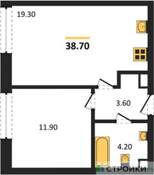Планировка однокомнатной(квартира) площадью 38.7 квадратных метров в ЖК “ЖК ЗИЛАРТ”