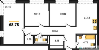 Планировка трехкомнатной(квартира) площадью 68.78 квадратных метров в “ЖК Рублевский Квартал”