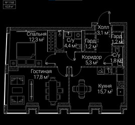Планировка двухкомнатной(квартира) площадью 62.8 квадратных метров в ЖК “ЖК СЕЗАР БУДУЩЕЕ”