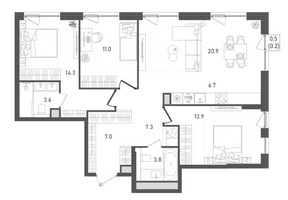 Планировка трехкомнатной(квартира) площадью 88.7 квадратных метров в “ЖК ПЕЙВ”