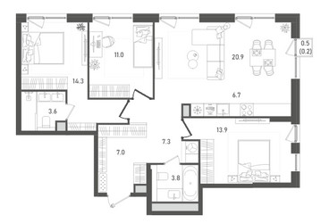 Планировка трехкомнатной(квартира) площадью 88.7 квадратных метров в ЖК “ЖК ПЕЙВ”