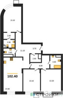 Планировка трехкомнатной(квартира) площадью 102.4 квадратных метров в “ЖК Резиденции Сколково”