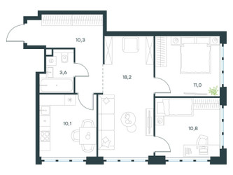 Планировка трехкомнатной(квартира) площадью 64 квадратных метров в ЖК “ЖК Левел Южнопортовая”