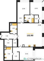 Планировка трехкомнатной(квартира) площадью 132.9 квадратных метров в “ЖК Коллекция Лужники”