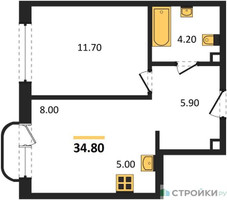 Планировка однокомнатной(квартира) площадью 34 квадратных метров в “Жилой район Alia (Алиа)”