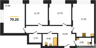 Планировка трехкомнатной(квартира) площадью 79.2 квадратных метров в “ЖК Переделкино Ближнее”