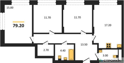 Планировка трехкомнатной(квартира) площадью 79.2 квадратных метров в ЖК “ЖК Переделкино Ближнее”