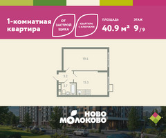 Планировка однокомнатной(квартира) площадью 40.9 квадратных метров в “ЖК Ново-Молоково”