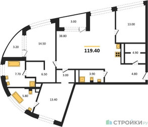 Планировка трехкомнатной(квартира) площадью 119.4 квадратных метров в ЖК “ЖК Остров”