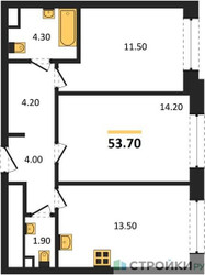 Планировка двухкомнатной(квартира) площадью 53.7 квадратных метров в ЖК “Жилые кварталы Белый Град”