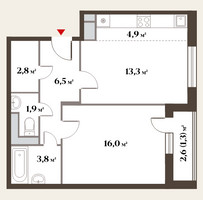 Планировка двухкомнатной(квартира) площадью 53.5 квадратных метров в “ЖК Миниполис Восемь кленов”